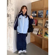 學院休閒運動服套裝春秋季寬鬆休閒小狗藍拼色長袖長褲跑步兩件套