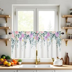 XYTIDUKEJI 유칼립투스 꽃무늬 주방 커튼 61cm(24인치) 길이 카페 짧은 작은 창문 트리트먼트 조명 필터링 로드 포켓 오버 싱크 거실 욕실 농가 2패널 장식 1371