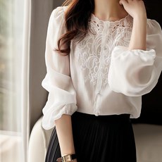女款優雅刺繡雪紡長袖襯衫