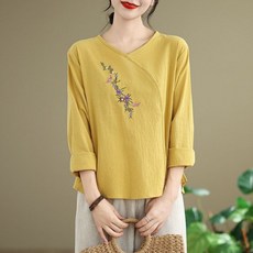 ORZQU 여성 면 마 자수 생활한복 상의 편안한 데일리룩 캐주얼 개량한복 브이넥 긴팔 티셔츠