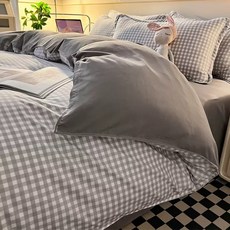 수면일기 워싱면 체크무늬 싱글 이불커버 150*200 단품, 그레이+체크