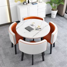 원탁 테이블 4인용 카페 A 사무실 휴게소 상담 탁자 의자 세트, P. 모방 석재 패턴 둥근 테이블 오렌지 및 흰색 가죽