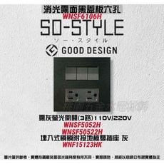 國際牌SO-STYLE六孔消光霧面蓋板 埋入式螢光開關C單切, 1個, 霧黑,霧灰開關110V+接地極雙插座(灰)