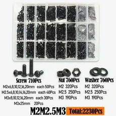 2510p 원형 육각 캡 나사 키트 M2 M2.5 M3 M4 M5 M6 검정색 10.9 등급 소켓 버튼 헤드 알렌 드라이브 나사, 03 Round  2230pcs