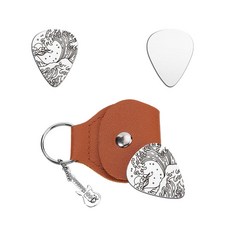 1개 스테인리스 스틸 기타 피크 201개입 인조 가죽 기타 피크 홀더 포함. 바다 물결 무늬 피크: 35x28mm 홀더: 110x52mm