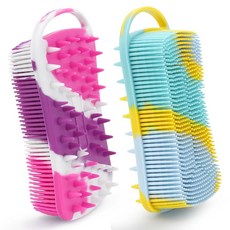 실리콘 바디 스크러버 2 in 1 부드러운 수세미 2팩 각질 제거 스크러버 여성 남성용 샤워 목욕 샴푸 브러시 민감한 피부용 거품 좋음 퍼플 & 옐로우 122051, Purple+Yellow