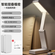 摺疊數顯檯燈護眼學習專用大學生宿舍摺疊充電超長續航臥室牀頭燈, 白色充電款【充插兩用+調光調色】+線:如圖