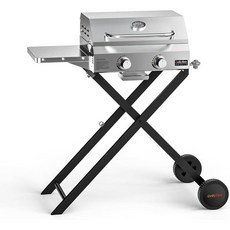 접이식 카트와 사이드 테이블이 있는 Onlyfire BBQ 가스 그릴 2버너 야외 파티오 뒷마당 바비큐 캠핑 테일게이팅 알뷔 여행용 뚜껑이 휴대용 프로판 그릴 스테인, 접이식 카트와 사이드 테이블이 있는 Onlyfire B
