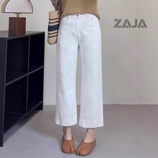 ZAJA 여성 화이트 데님 팬츠 일자핏 하이웨스트 9부 청바지