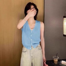 Yellwel 여름용 여성용 V넥 니트 민소매 이중 레이어드 상의 DJP