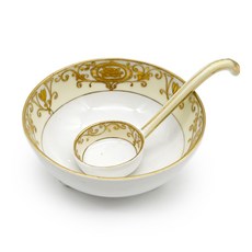 Antique 노리다케 24K 골드 플라워 핸드페인팅 풋티드 보울과 스푼 세트 일본 빈티지그릇, 1개