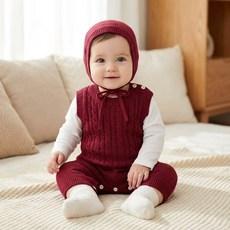 로이앤한나 따뜻하고 예쁜 여아 여자아기 레드 니트 우주복 보넷 세트