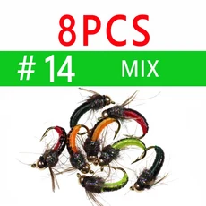 비무 8개 # 12 # 14 황동 구슬 머리 빠른 싱킹 요정 스커드 플라이 버그 웜 송어 낚시 파리 인공 곤충 낚시, 06 8pcs size14 MIX