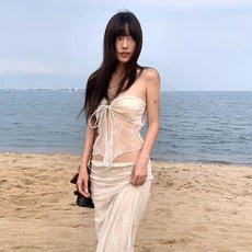 DFMEI 泳衣新款小衆設計感海島度假拍照性感蕾絲抹胸分體長裙溫泉泳衣女, L【建議95-105斤】