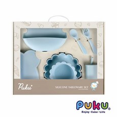 PUKU藍色企鵝蒔蘿鉑金矽膠餐具禮盒7件組-(三色)P14345, 吸盤餐盤、吸盤碗、湯叉、圍兜、餐墊、吸管杯, 茉莉藍, 1個