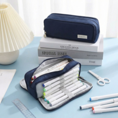 벨레누스 대학생 고등학생 중학생 초등 3중 멀티수납 대용량 필통 파우치, 1개, 네이비 블루