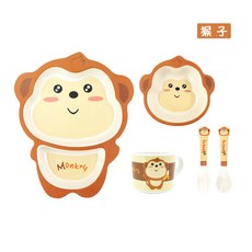 YIChu-創意竹纖維兒童餐具套裝卡通飛機分格餐盤叉勺幼兒園母嬰活動禮品 IQVN, 猴子五件套, 1個
