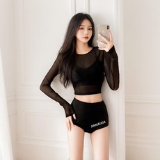 ANMAIXIA 分體泳衣長袖防曬顯瘦三件套, 黑色