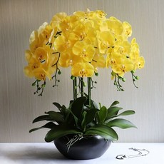 조화 화분 서양란 취임 카페 행운 개업 인조 장식품 플라워 축하 사무실 블랙 꽃 자홍, 블랙 화분 브라이트옐로우 8개 세트