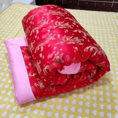 프라운 원앙금침 세트 실크 금침 이불 원앙 전통 혼수이불, 솜 없음 이불 커버만, 탠저린레드피닉스플라잉