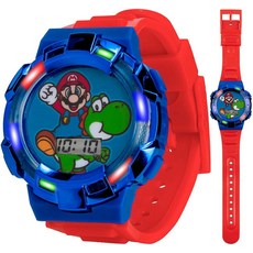 슈퍼마리오 디지털 시계 마리오와 요시가 특징인 라이트 업 베젤 레드 스트랩 광택 캐릭터 다이얼 조절 가능한 손목 사이즈 14cm에서 20.3cm(8인치) 닌텐도 라이선스 제품