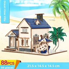 나무로 미니어처 하우스 조립 모델 퍼즐 교육용 수공예 빌딩 블록, 23. 바다 전망 빌라 + 조명 효과