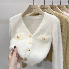 해피유통 여성 가을 겨울 럭셔리 퍼 금장 버튼 V넥 니트 가디건zjm