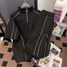 【潮酷出街】運動套裝男 休閒套裝 夏季套裝 短袖短褲 兩件套 美式寬鬆 半拉鍊設計 速乾透氣 健身跑步日常穿搭