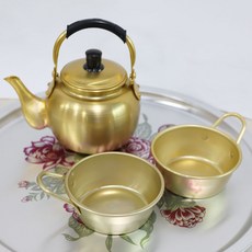 유유마트 국산 양은 옛날 노란 주전자 편수 손잡이 막걸리잔 2인 세트, 1개, 노란색, 1L