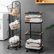 트롤리 메쉬 빨래바구니 사각 2단 원형 3단 세탁 이동식 바퀴 런드리 바스켓 다용도 수납함, 트롤리사각2단 빨래바구니 블랙, 블랙