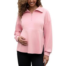 Bhome 여성용 임산부 스웨트셔츠 하프 지퍼 드로스트링 허리 긴소매 사이드 슬릿 루즈핏 풀오버 탑 핑크 S, L