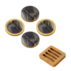 리커버 감성 우드 티 코스터 컵받침 4p+전용홀더, 1세트, 블랙 마블