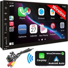 더블 딘 카 스테레오무선 Apple CarPlay 및 Android Auto 포함 7인치 터치스크린 카 오디오 수신기 블루투스 무선 카 라디오 백업 카메라미러링크FMSWC서브우