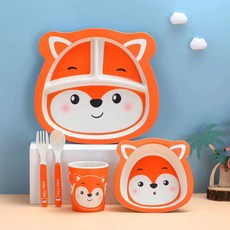 YIChu創意竹纖維兒童餐具套裝 卡通寶寶輔食分格餐盤碗杯母嬰活動禮品, 狐狸A018, 1個
