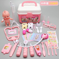 小醫生玩具套裝女孩醫療箱護士兒童打針過家家扮演聽診器寶寶工具, 收納箱38件套（+娃娃）-粉色, 1個