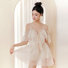 法式高級性感蕾絲荷葉邊甜美仙女純欲風保守連體裙款游泳衣女大碼, M