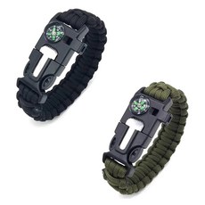 파라코드 서바이벌 팔찌 파이어스타터 나침반 호루라기 멀티 기능 등산 생존 팔찌, 블랙+아미 그린 2개