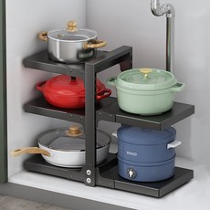 무타공 304 조절형 주방 수납 선반 하부장 싱크대 주방선반 후라이팬 냄비 정리대, 블랙, 1개, 5단