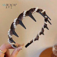 復古髮箍帶齒防滑絲絨波浪發珠秋冬洗臉防滑整理髮卡高顱高級頭箍熱賣中, 1個, S時尚：咖色珍珠波浪髮箍,S帶齒防滑復古款髮箍