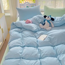 1급 믹스매치 단색 워시드 면 4종 세트 초부드러운 구름 면 기숙사 3종 세트 4종 세트, 카테고리 A - 믹스 앤 매치 - 하늘색 조류 녹색, 0.9m 침대 시트 3종 세트(이불커버 1.5x2m)