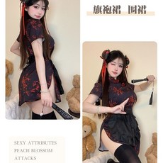 新中式旗袍洋裝套裝, 1個, 新中式旗袍黑+圍裙,M 100-125斤