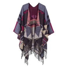 여성용 따뜻한 숄 랩 오픈 프론트 가디건 빈티지 패턴 판초 케이프 스웨터 코트 5 오렌지 단일 사이즈 142290, 2 와인 레드