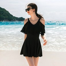 투니스 여성 브이넥 오프숄더 수영복 비치웨어 반소매 미니 원피스 브라 패드 포함, 블랙