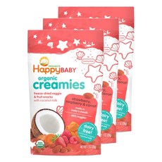 해피베이비 크리미 프리즈-드라이드 베지 & 프루트 스낵 + 코코넛 밀크 28g, 3개, 딸기 + 라스베리 + 당근(Strawberry + Raspberry + Carrot)