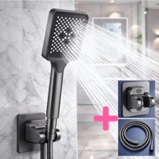 수엘리 폭풍 수압상승 샤워기헤드 호수 거치대 세트, 다크그레이, 1개