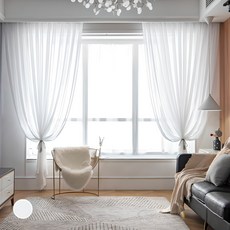 HOME&CHANG 2倍蝴蝶褶雪紡窗簾 2入, 白色