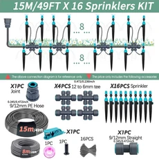 3/8인치 정원 관개 시스템 12mm PE 호스 360 ° 조절식 2-in-1 미스트 퀵 커넥트 스프링클러 마이크로 드리, [01] 15m Kit