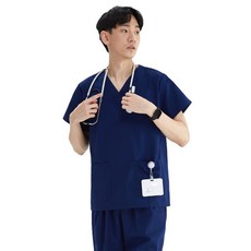 男女通用洗手衣套裝 手術服 刷手衣 醫師袍 工作服, 1個, 男藏藍短袖套裝,L