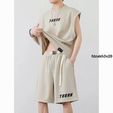 潮牌褲套裝2024新款運動套裝男夏季冰絲短袖短褲一套搭配帥氣高級感