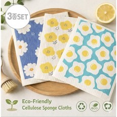 이지몰 친환경 셀룰로오스 플라워 에그 감성 수세미 행주 3P, 1세트, 혼합색상